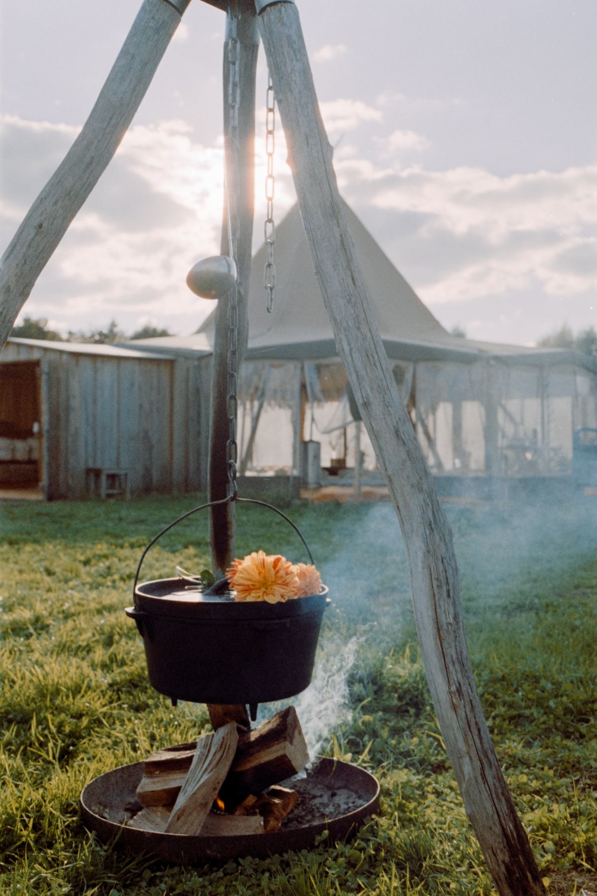 A pot hanging over a small fire in the morning, a tipi behind it.
